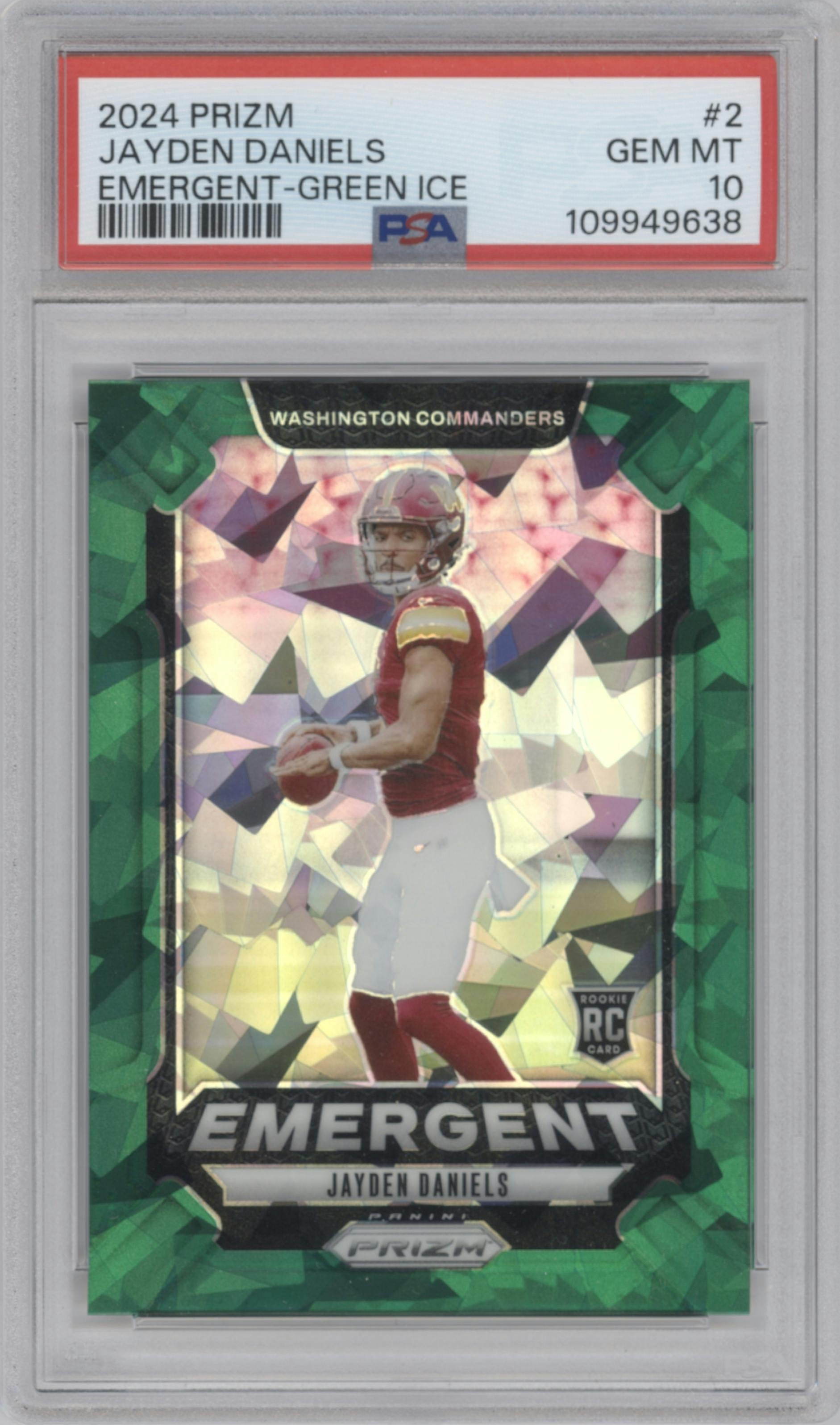Jayden Daniels from the 2024 Panini Prizm set featuring a Green Ice parallel graded by PSA and given an overall grade of 10.