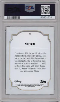 Stitch from the 2024 Topps Chrome Disney Sapphire Edition set featuring a Black parallel graded by PSA and given an overall grade of 10.