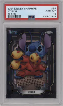 Stitch from the 2024 Topps Chrome Disney Sapphire Edition set featuring a Black parallel graded by PSA and given an overall grade of 10.