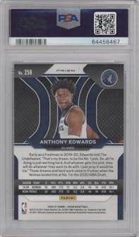 Anthony Edwards from the 2020-21 Panini Prizm set featuring a Fast Break parallel graded by PSA and given an overall grade of 10.