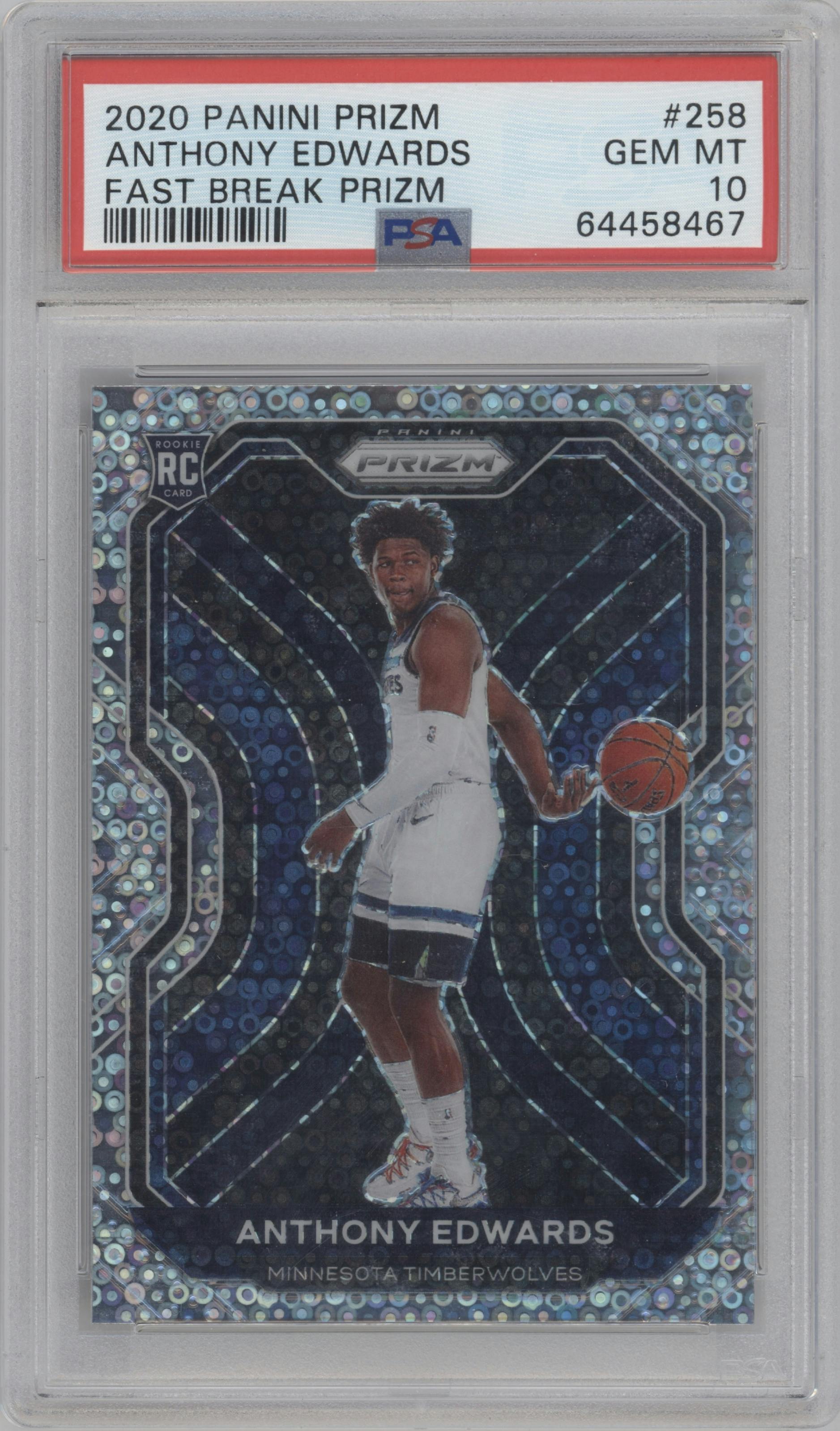 Anthony Edwards from the 2020-21 Panini Prizm set featuring a Fast Break parallel graded by PSA and given an overall grade of 10.