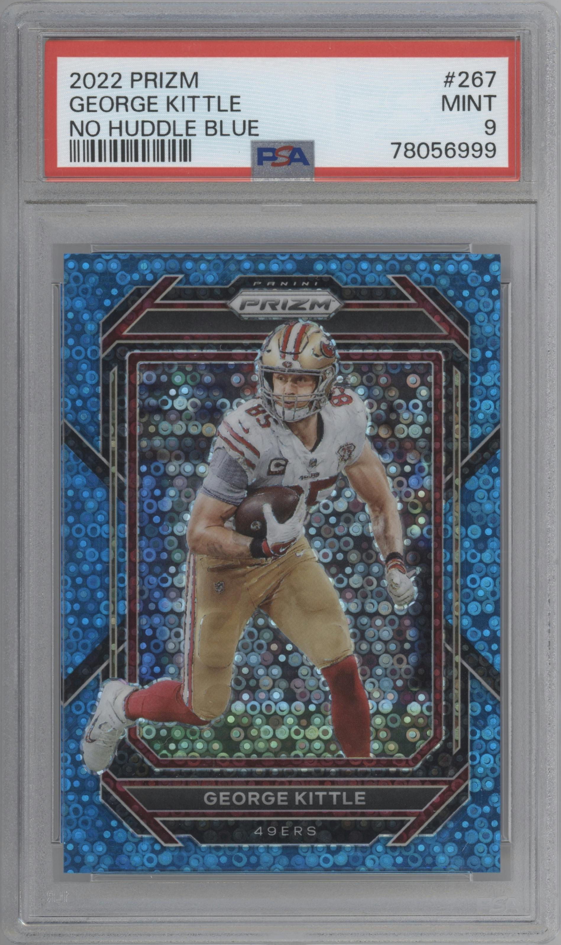 George Kittle from the 2022 Panini Prizm set featuring a No Huddle Blue  parallel graded by PSA and given an overall grade of 9.