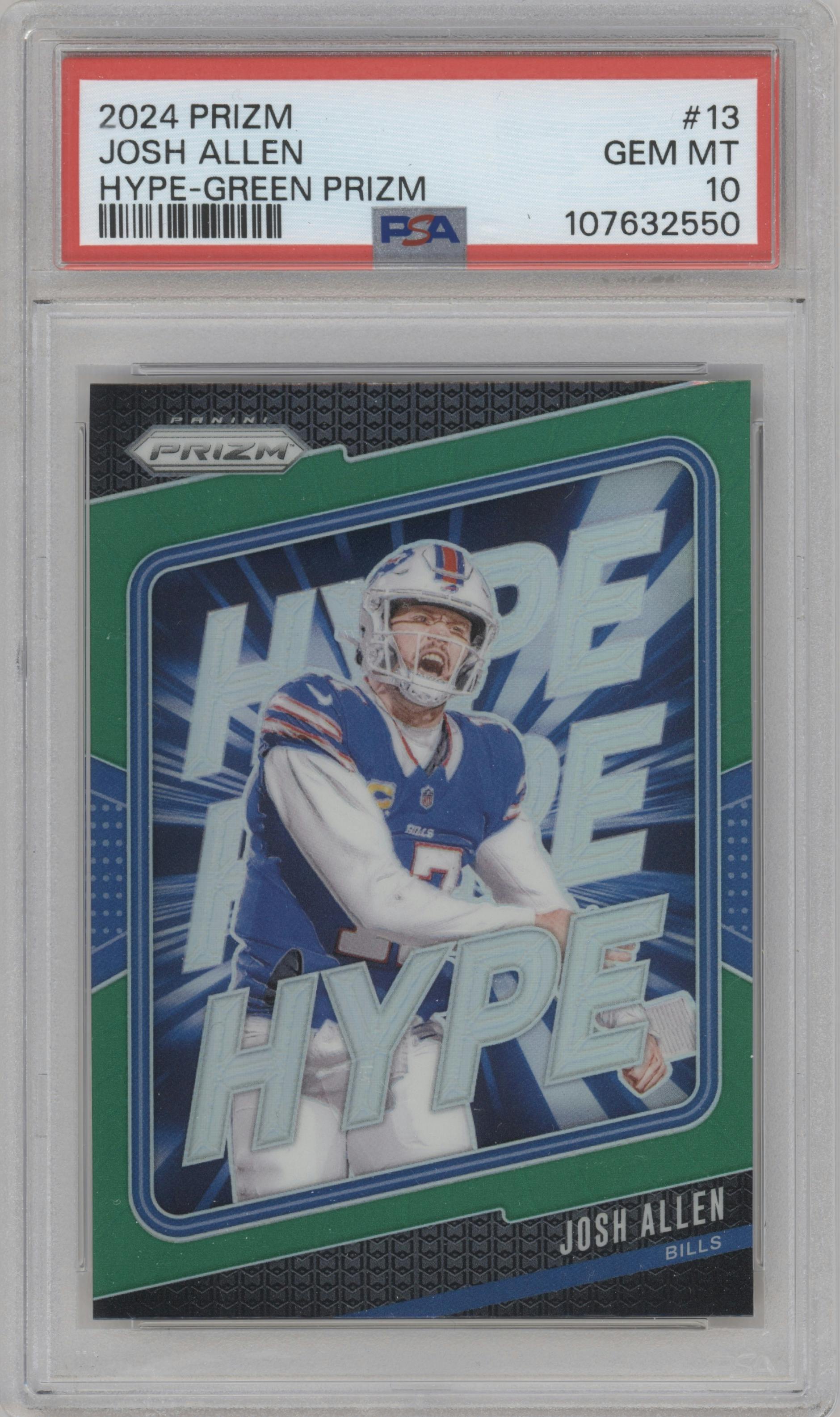 Josh Allen from the 2024 Panini Prizm set featuring a Green Prizm parallel graded by PSA and given an overall grade of 10.