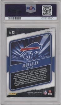 Josh Allen from the 2024 Panini Prizm set featuring a Green Prizm parallel graded by PSA and given an overall grade of 10.
