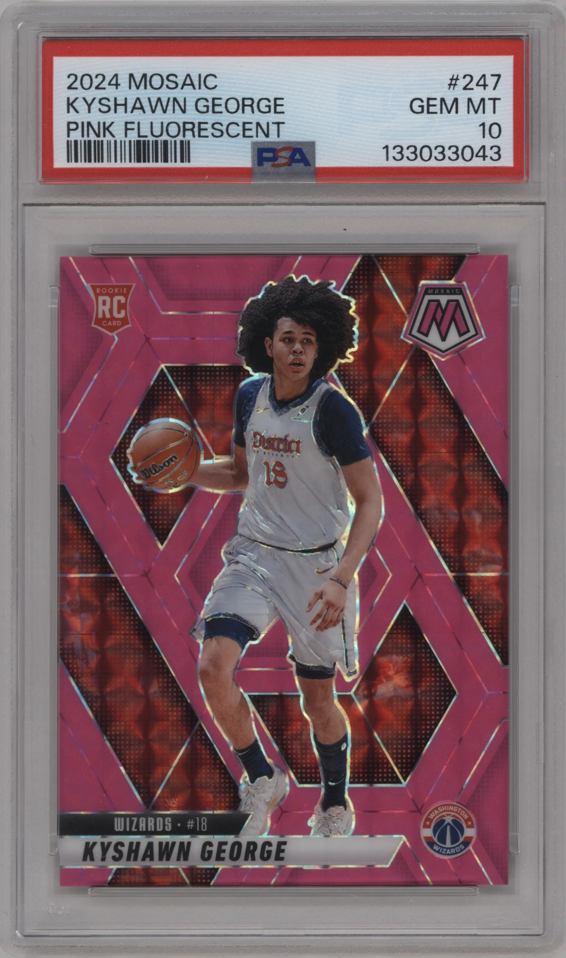 Kyshawn George from the 2024-25 Panini Mosaic set featuring a Pink Fluorescent parallel graded by PSA and given an overall grade of 10.