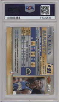 Kevin Garnett from the 1996-97 Bowman’s Best  set featuring a Atomic Refractor parallel graded by PSA and given an overall grade of 9.