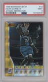 Kevin Garnett from the 1996-97 Bowman’s Best  set featuring a Atomic Refractor parallel graded by PSA and given an overall grade of 9.