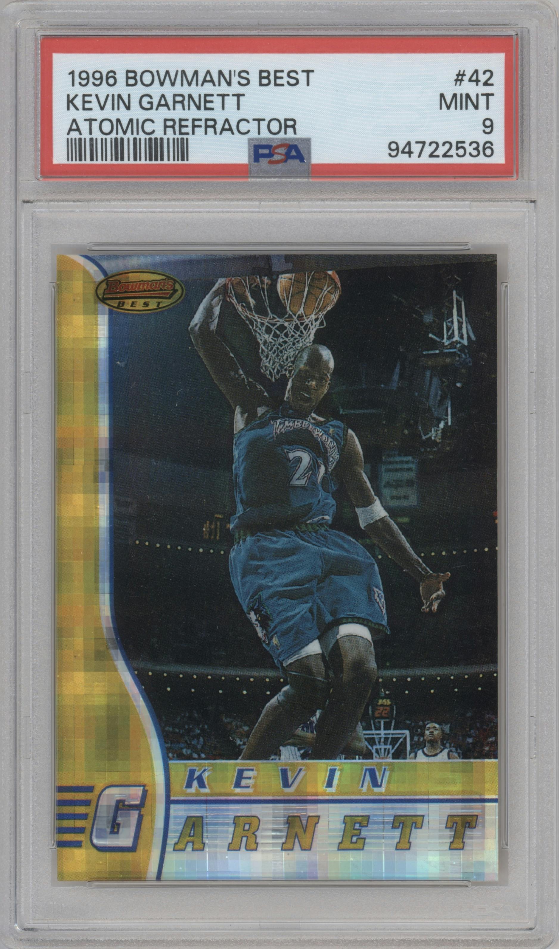 Kevin Garnett from the 1996-97 Bowman’s Best  set featuring a Atomic Refractor parallel graded by PSA and given an overall grade of 9.