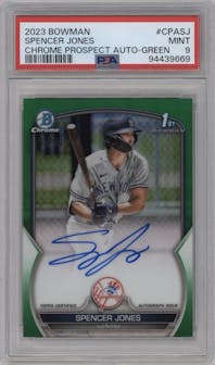 Spencer Jones from the 2023 Bowman  set featuring a Green Refractor parallel graded by PSA and given an overall grade of 9.