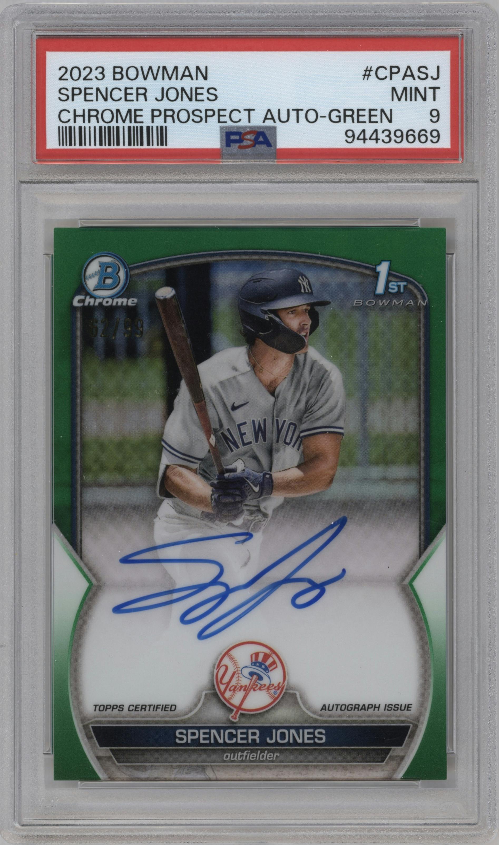 Spencer Jones from the 2023 Bowman  set featuring a Green Refractor parallel graded by PSA and given an overall grade of 9.