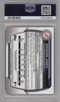 Spencer Jones from the 2023 Bowman  set featuring a Green Refractor parallel graded by PSA and given an overall grade of 9.