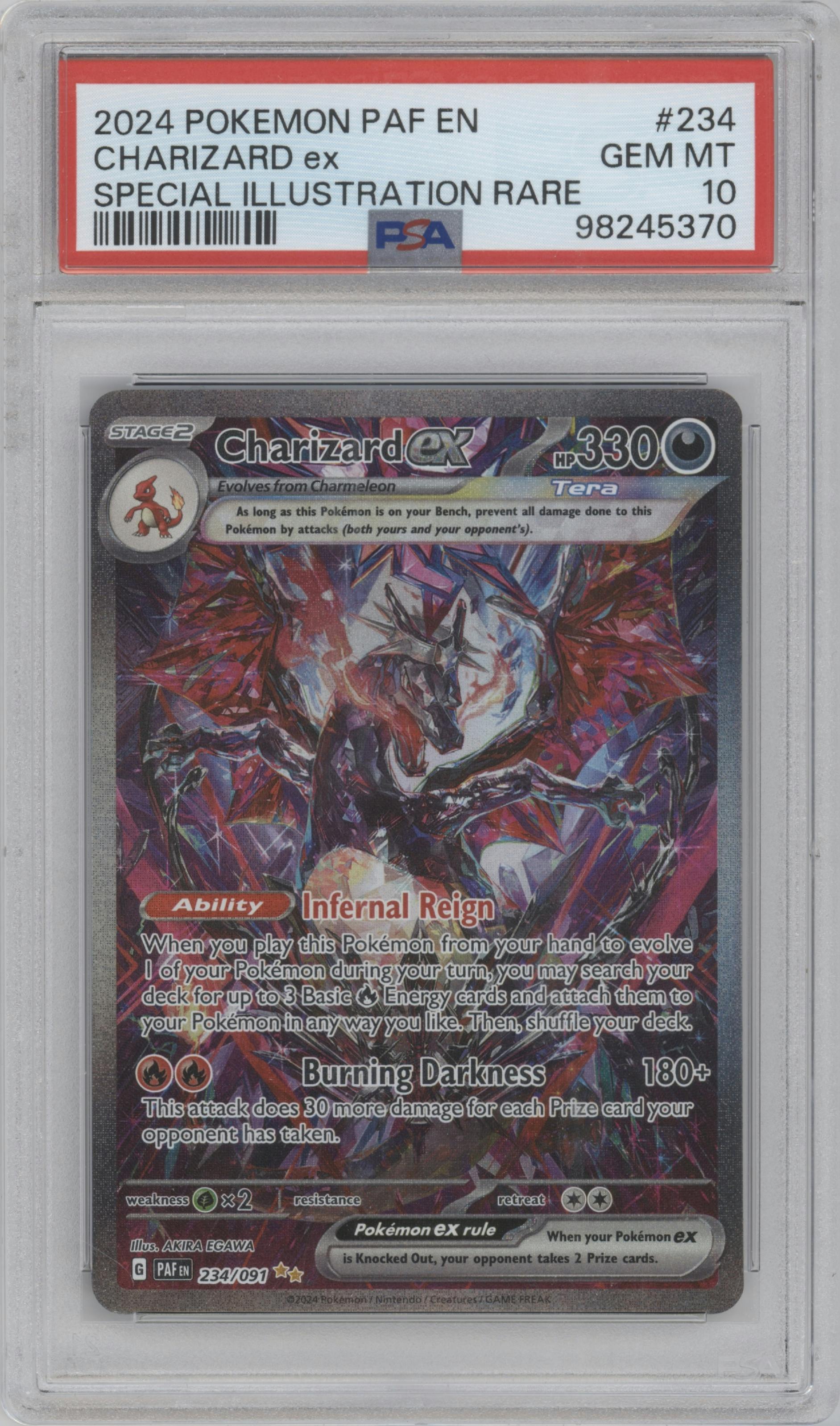Charizard ex from the 2024 Pokemon SV set graded by PSA and given an overall grade of 10.