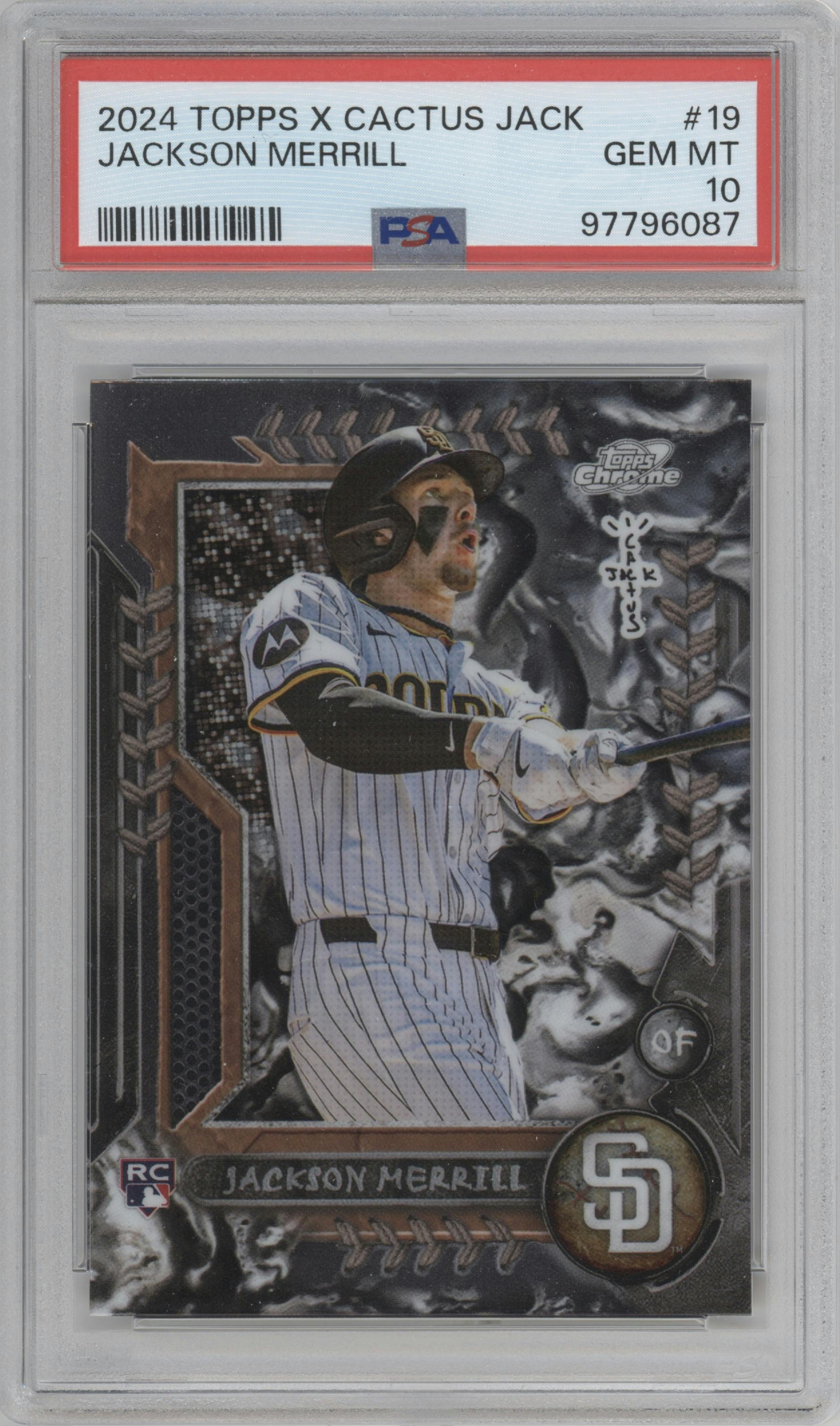 Jackson Merrill from the 2024 Topps Cosmic Chrome x Cactus Jack set graded by PSA and given an overall grade of 10.
