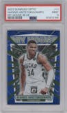 Giannis Antetokounmpo from the 2023-24 Donruss Optic set featuring a Blue parallel graded by PSA and given an overall grade of 9.