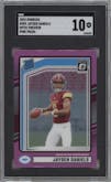 Jayden Daniels from the 2024 Donruss set featuring a Pink parallel graded by SGC and given an overall grade of 10.