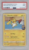 Pikachu on the Ball from the 2020 Pokemon Futsal set graded by PSA and given an overall grade of 9.