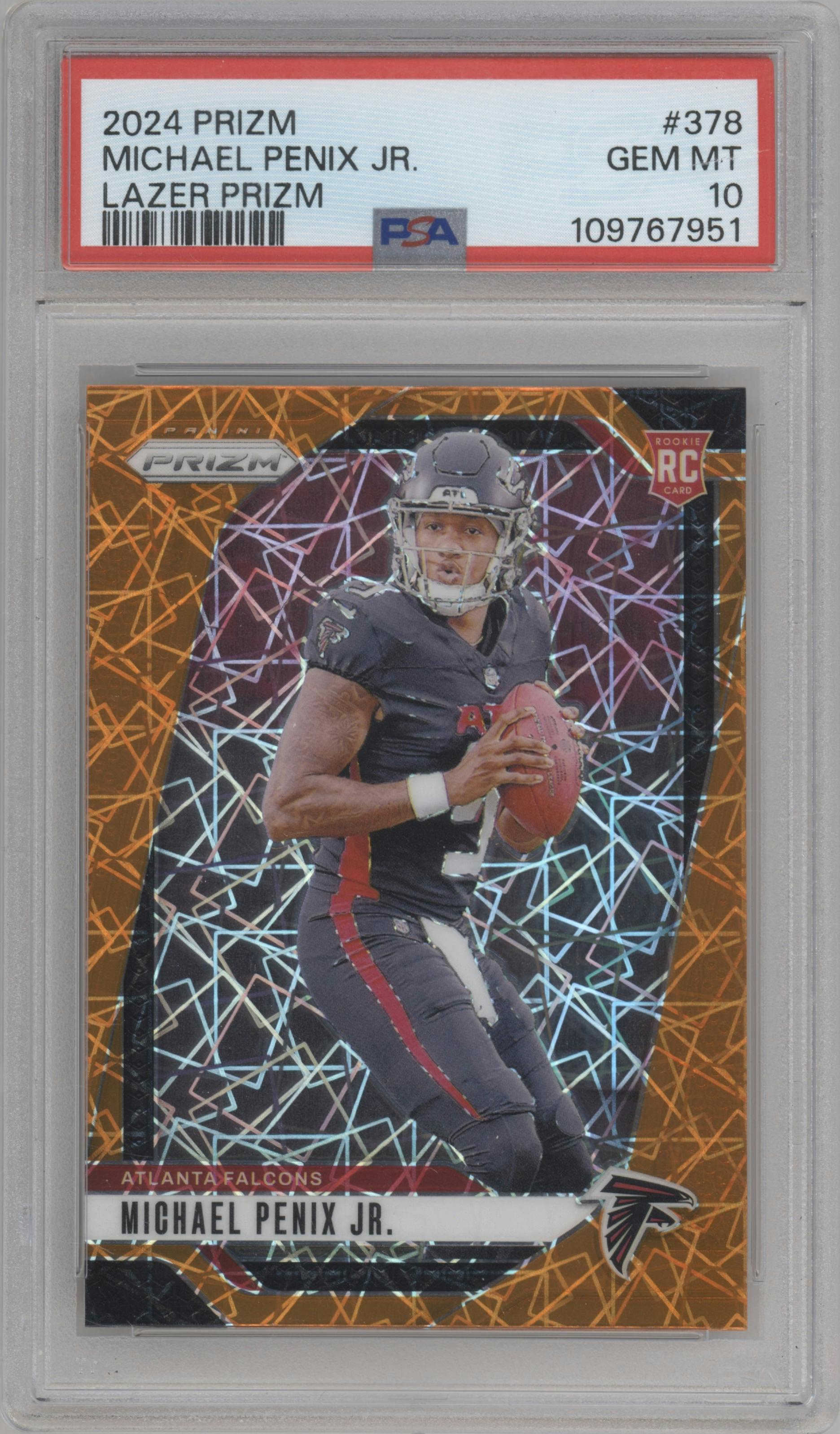 Michael Penix Jr. from the 2024 Panini Prizm set featuring a Lazer Prizm parallel graded by PSA and given an overall grade of 10.