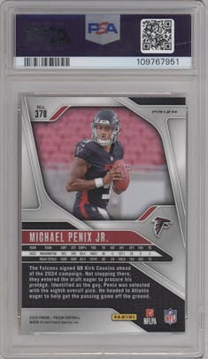Michael Penix Jr. from the 2024 Panini Prizm set featuring a Lazer Prizm parallel graded by PSA and given an overall grade of 10.