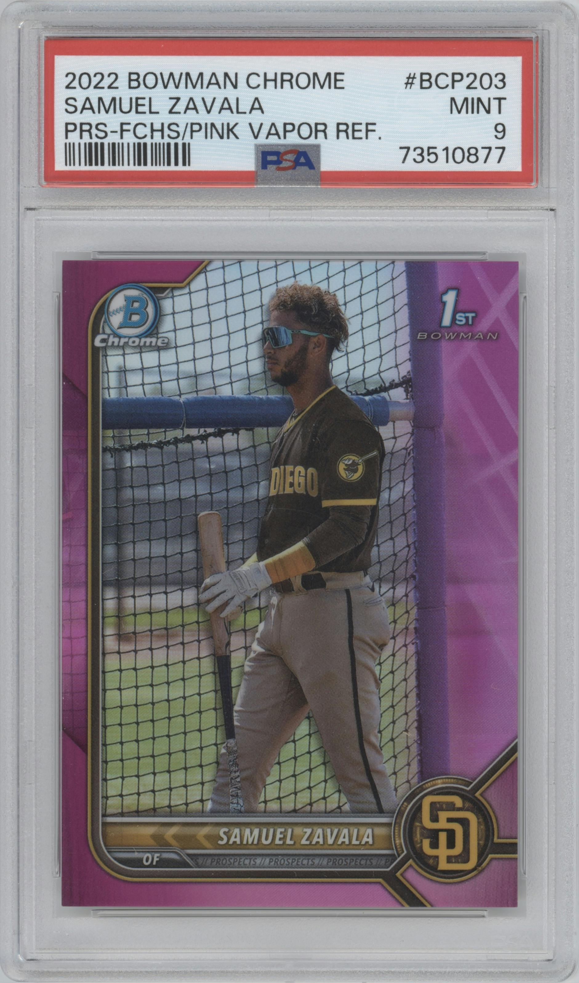 Samuel Zavala from the 2022 Bowman Chrome set featuring a Fuchsia Pink Vapor Refractor parallel graded by PSA and given an overall grade of 9.