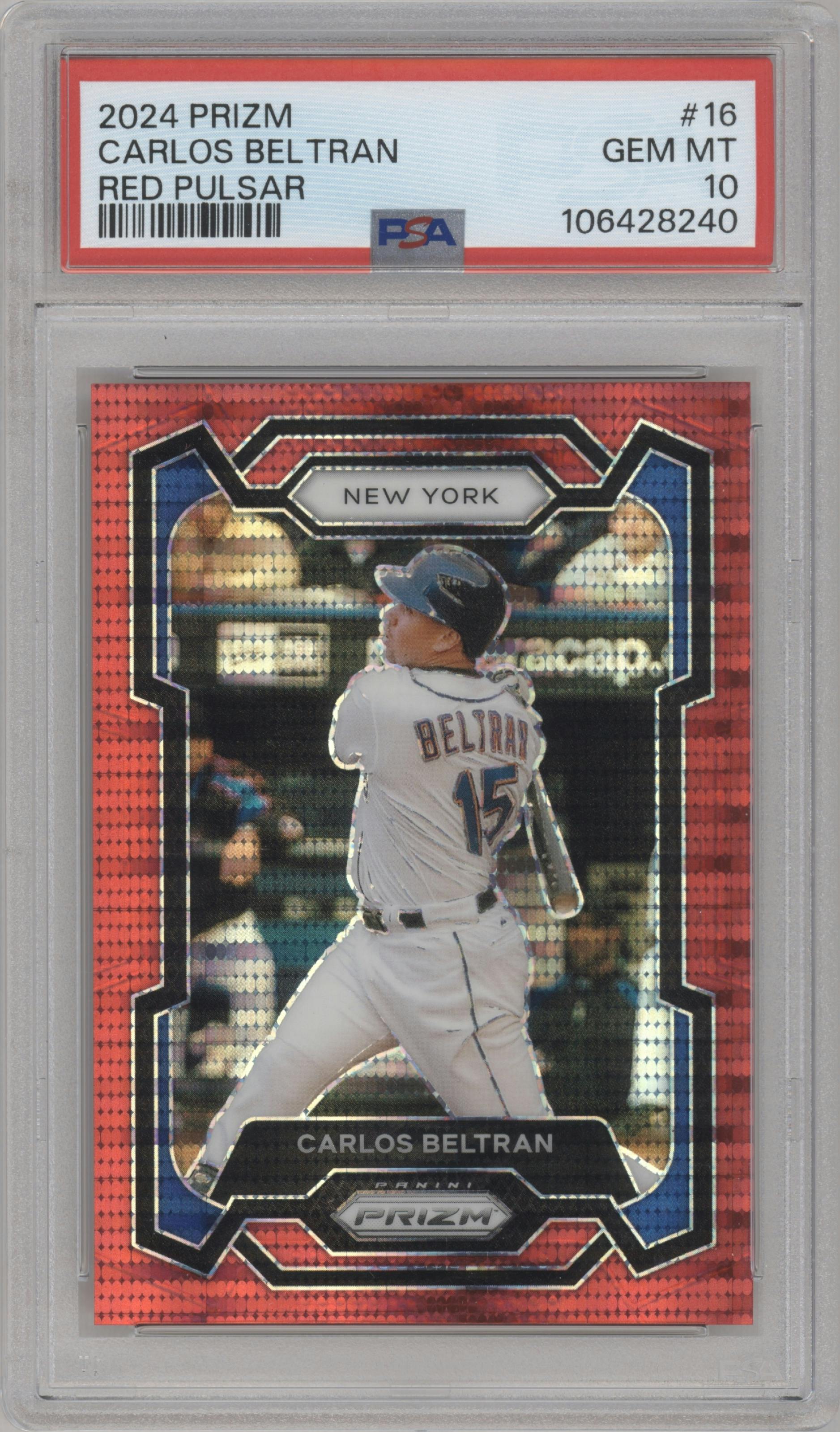 Carlos Beltran from the 2024 Panini Prizm set featuring a Red Pulsar parallel graded by PSA and given an overall grade of 10.