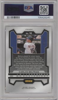 Carlos Beltran from the 2024 Panini Prizm set featuring a Red Pulsar parallel graded by PSA and given an overall grade of 10.