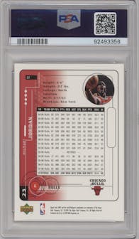 Michael Jordan from the 1999-00 Upper Deck MVP set featuring a Silver Script parallel graded by PSA and given an overall grade of 10.