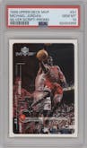 Michael Jordan from the 1999-00 Upper Deck MVP set featuring a Silver Script parallel graded by PSA and given an overall grade of 10.
