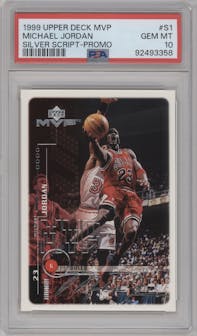 Michael Jordan from the 1999-00 Upper Deck MVP set featuring a Silver Script parallel graded by PSA and given an overall grade of 10.