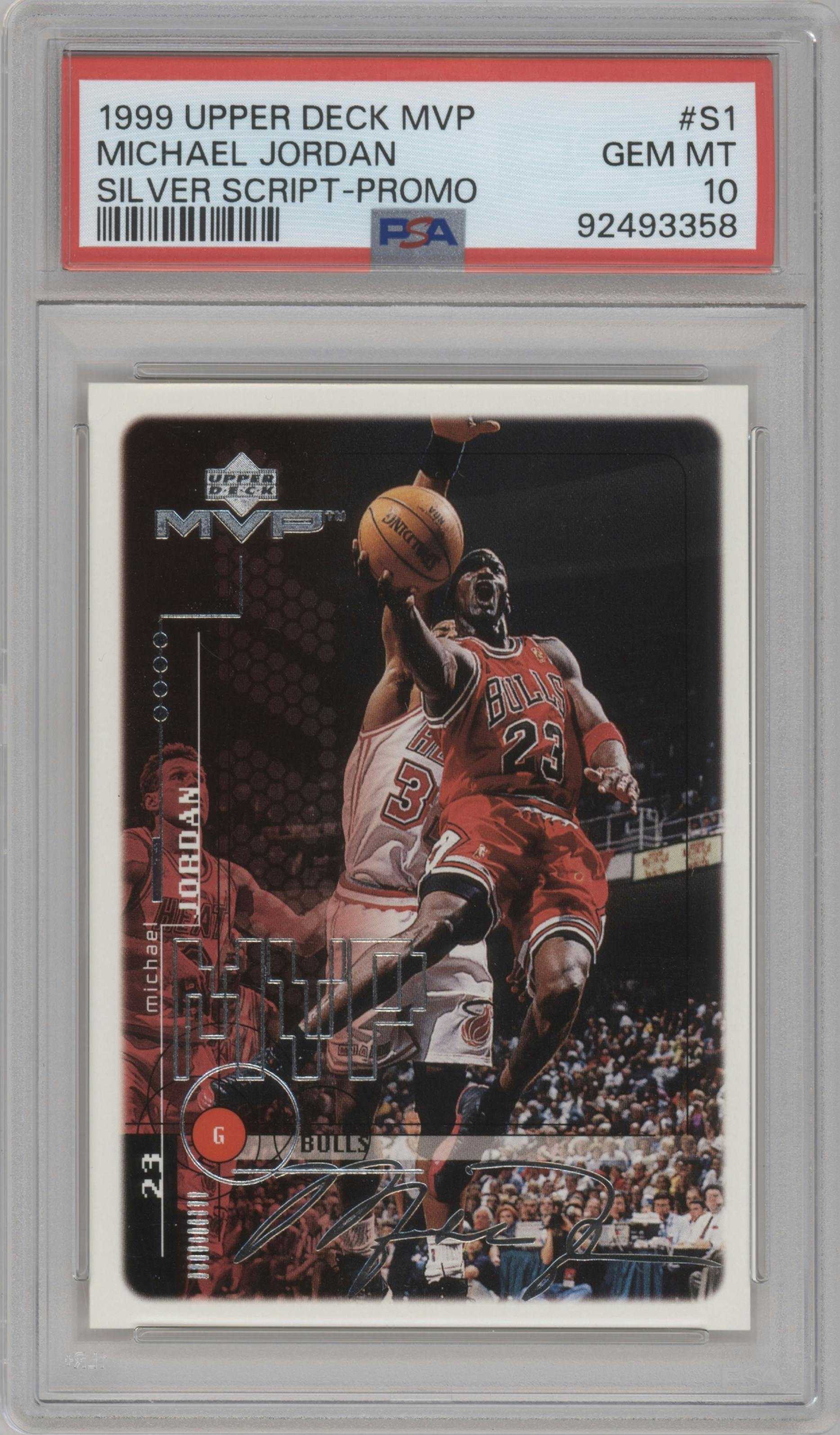 Michael Jordan from the 1999-00 Upper Deck MVP set featuring a Silver Script parallel graded by PSA and given an overall grade of 10.