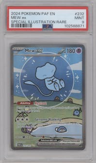 Mew ex from the 2024 Pokemon SV set graded by PSA and given an overall grade of 9.