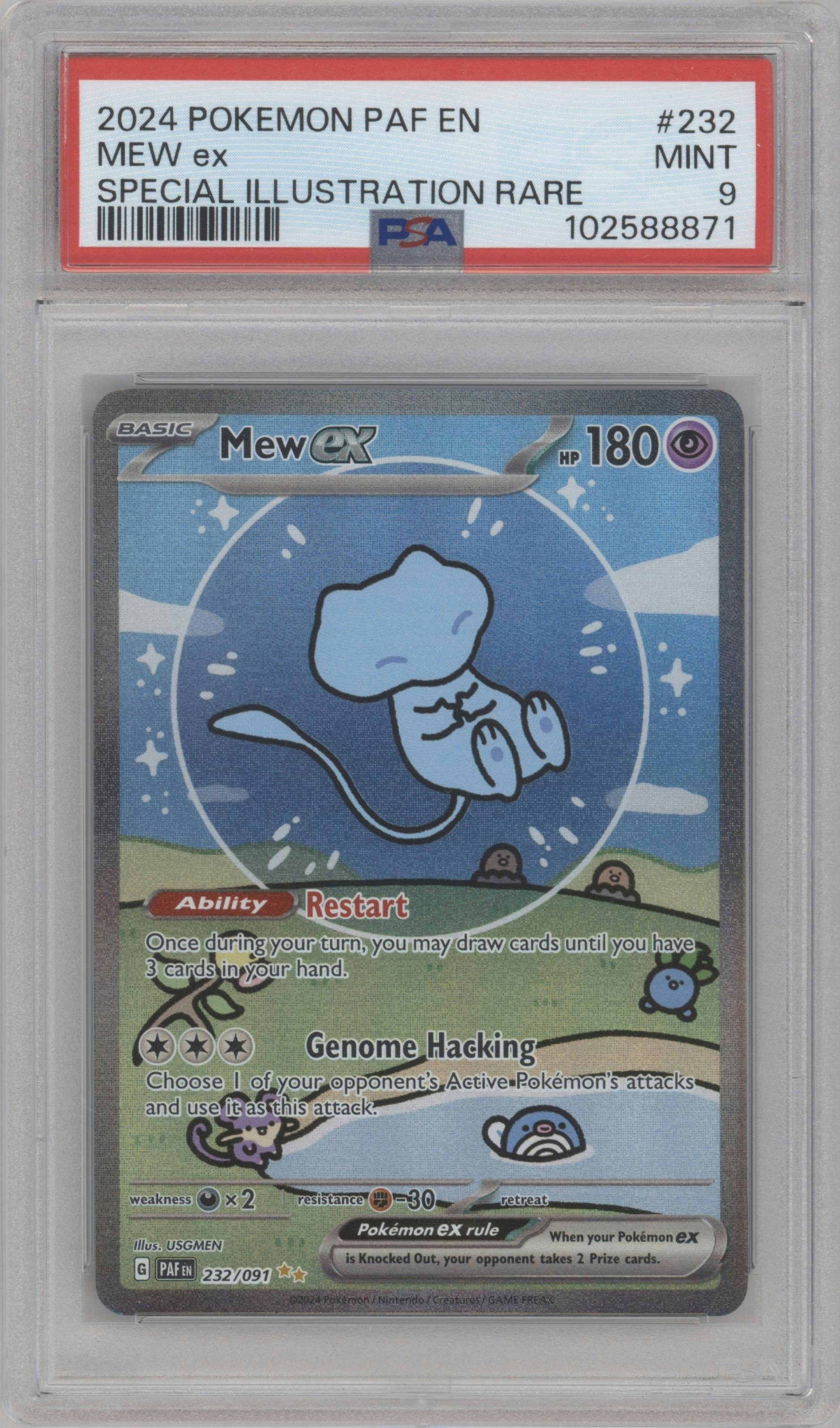 Mew ex from the 2024 Pokemon SV set graded by PSA and given an overall grade of 9.