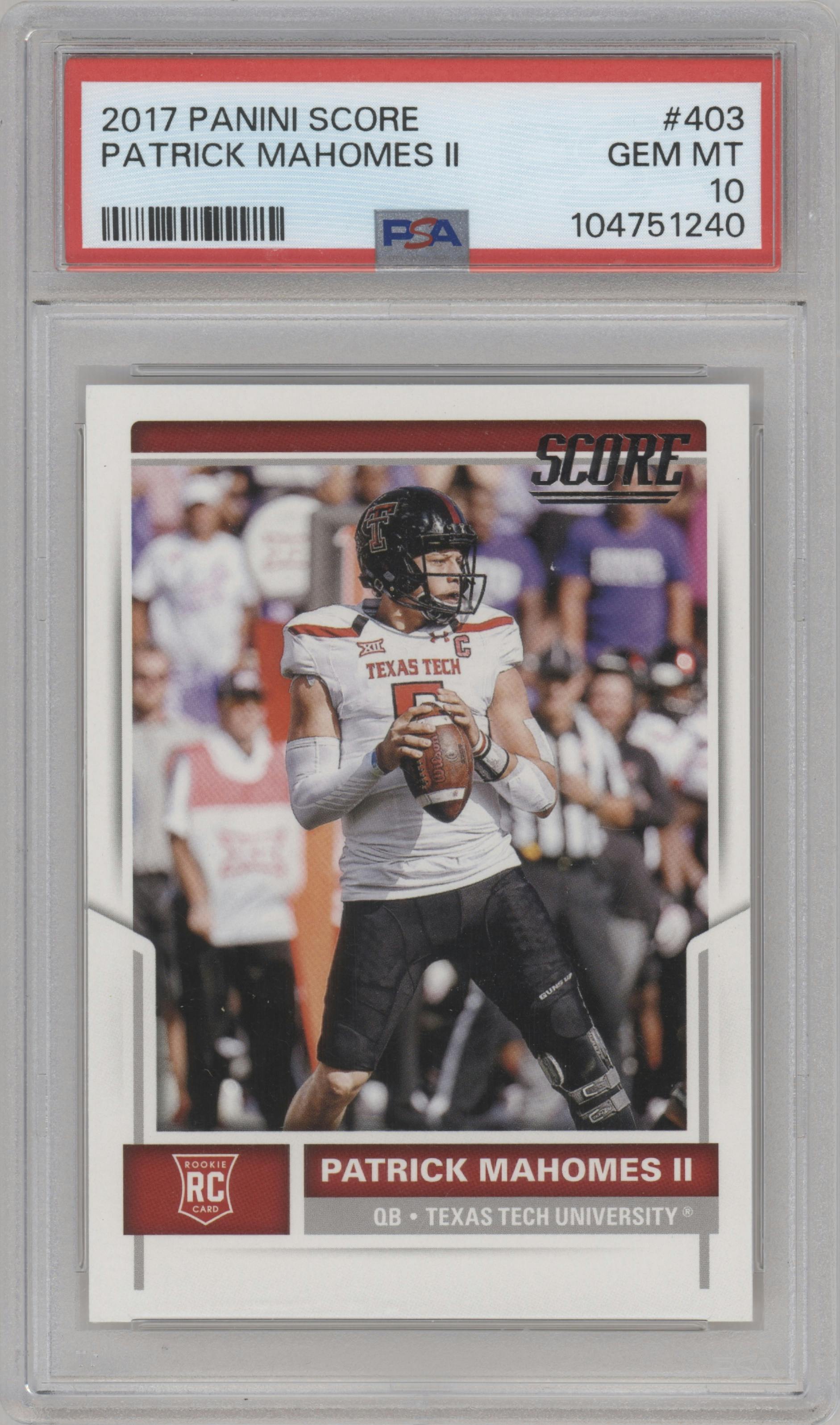Patrick Mahomes II from the 2017 Panini Score set graded by PSA and given an overall grade of 10.