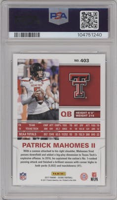 Patrick Mahomes II from the 2017 Panini Score set graded by PSA and given an overall grade of 10.