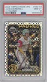 Jackson Merrill from the 2024 Topps Chrome Update set featuring a X-Fractor parallel graded by PSA and given an overall grade of 10.
