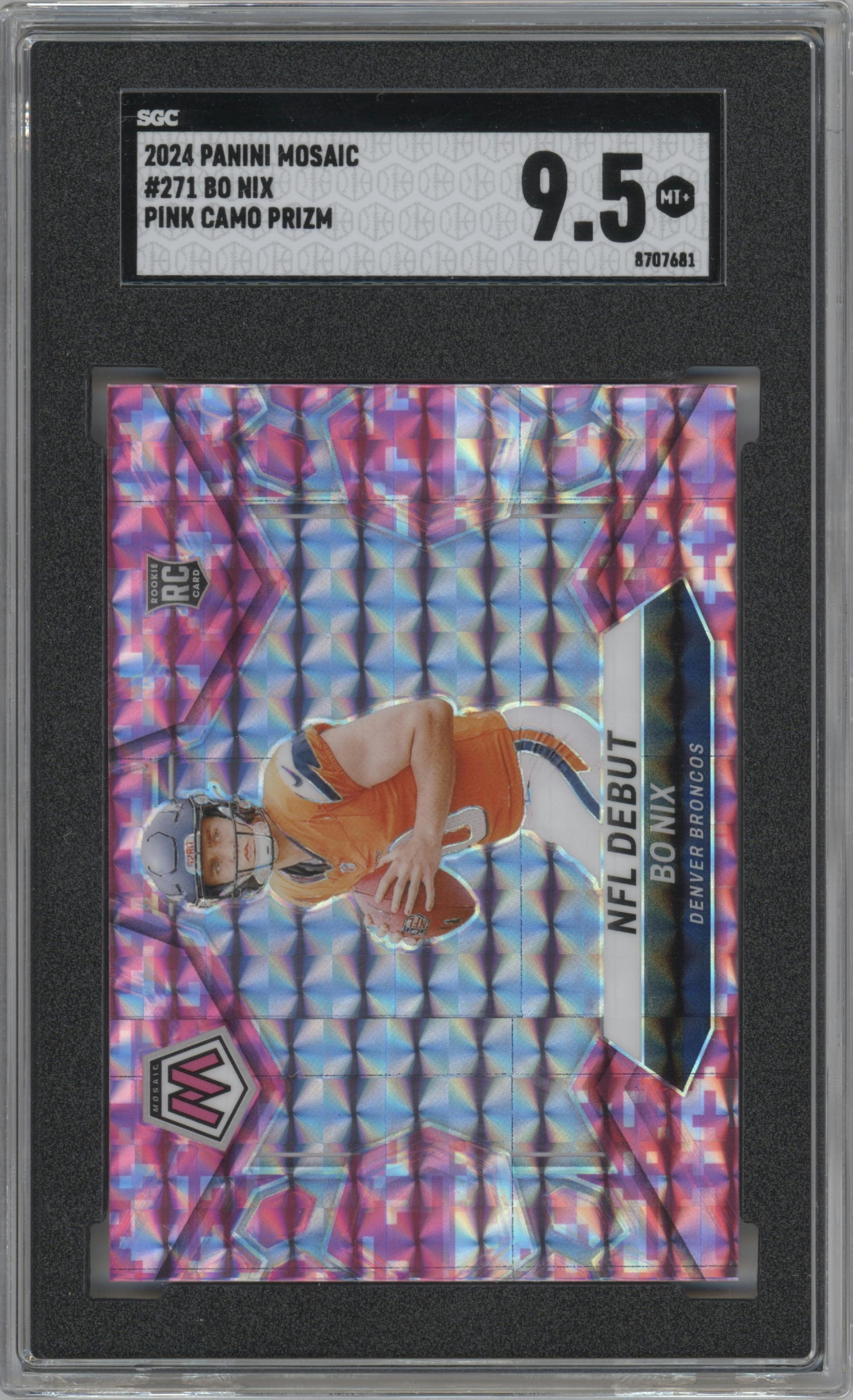 Bo Nix from the 2024 Panini Mosaic set featuring a Pink Camo parallel graded by SGC and given an overall grade of 9.5.