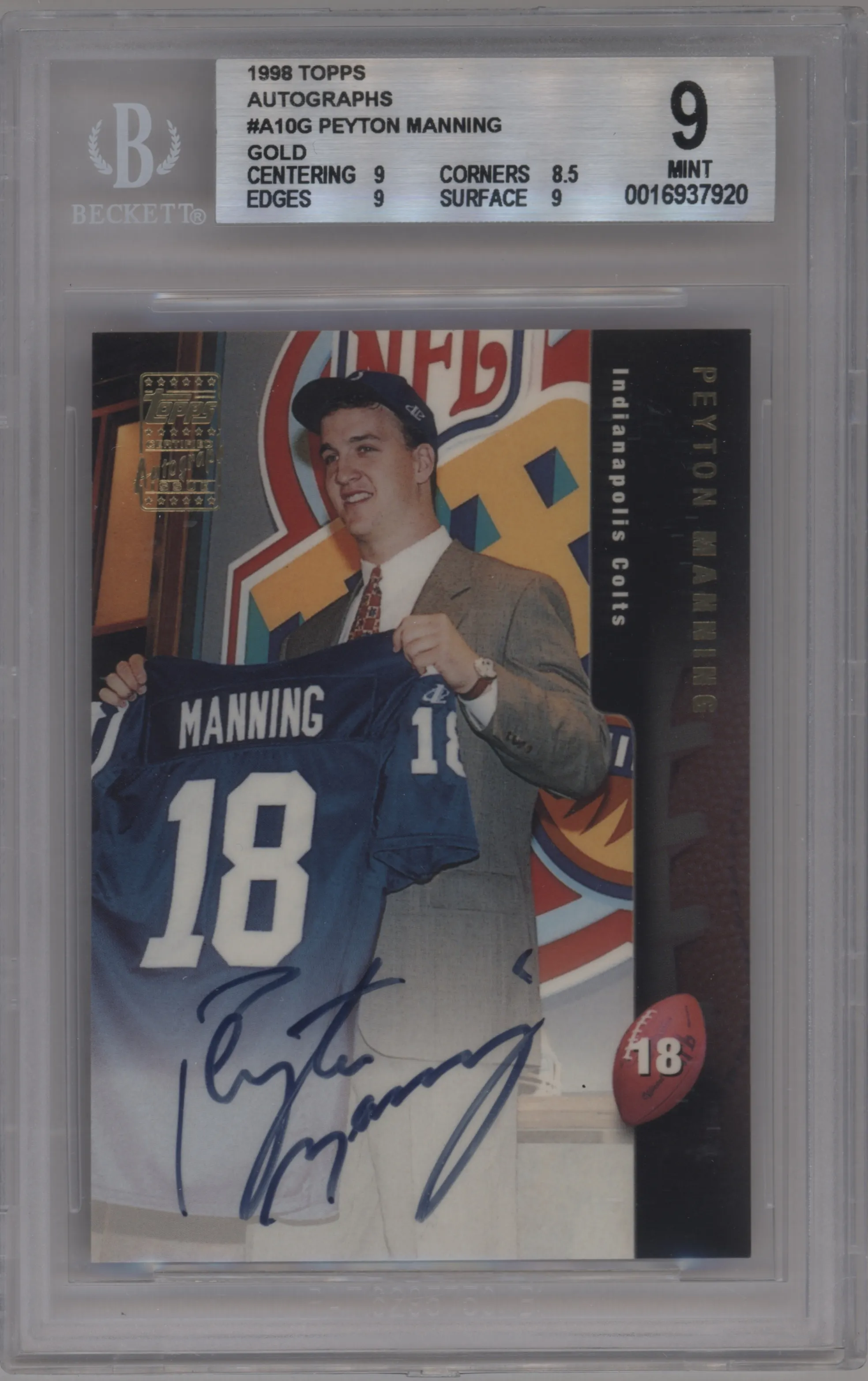 Peyton Manning from the 1998 Topps set featuring a Gold parallel graded by Beckett and given an overall grade of 9.