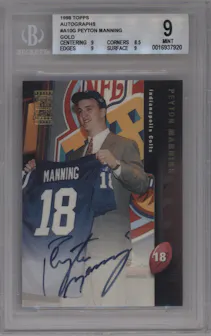 Peyton Manning from the 1998 Topps set featuring a Gold parallel graded by Beckett and given an overall grade of 9.