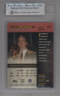 Peyton Manning from the 1998 Topps set featuring a Gold parallel graded by Beckett and given an overall grade of 9.