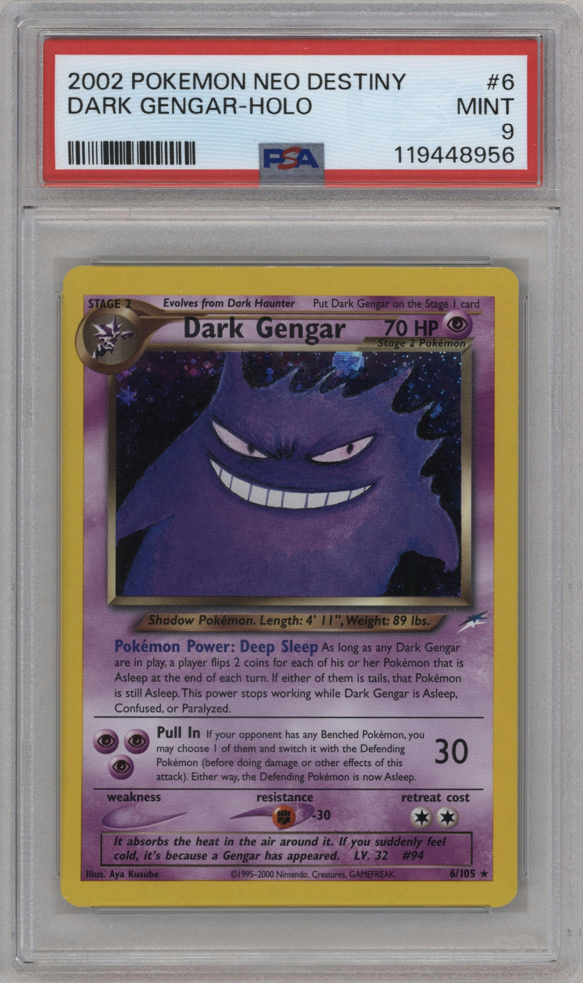 Dark Gengar from the 2002 Pokemon Neo Genesis set graded by PSA and given an overall grade of 9.