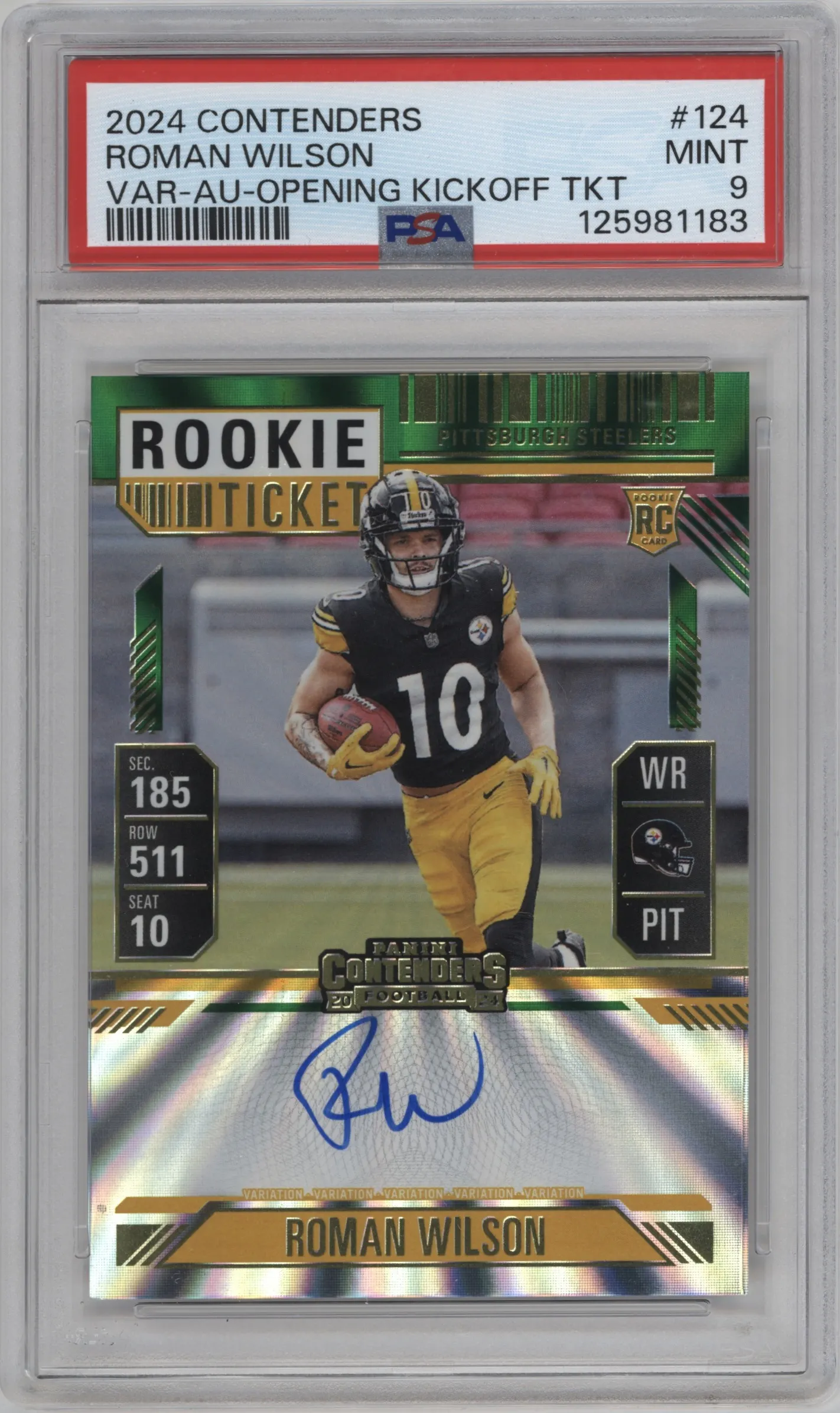 2024 Panini Contenders RPS Rke.Tkt.Auto Var. Roman Wilson Opening Kickoff (Green Laser) Ticket #124 PSA 9