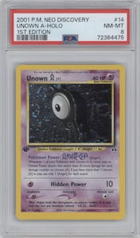 Unown A from the 2001 Pokemon Neo Genesis set graded by PSA and given an overall grade of 8.