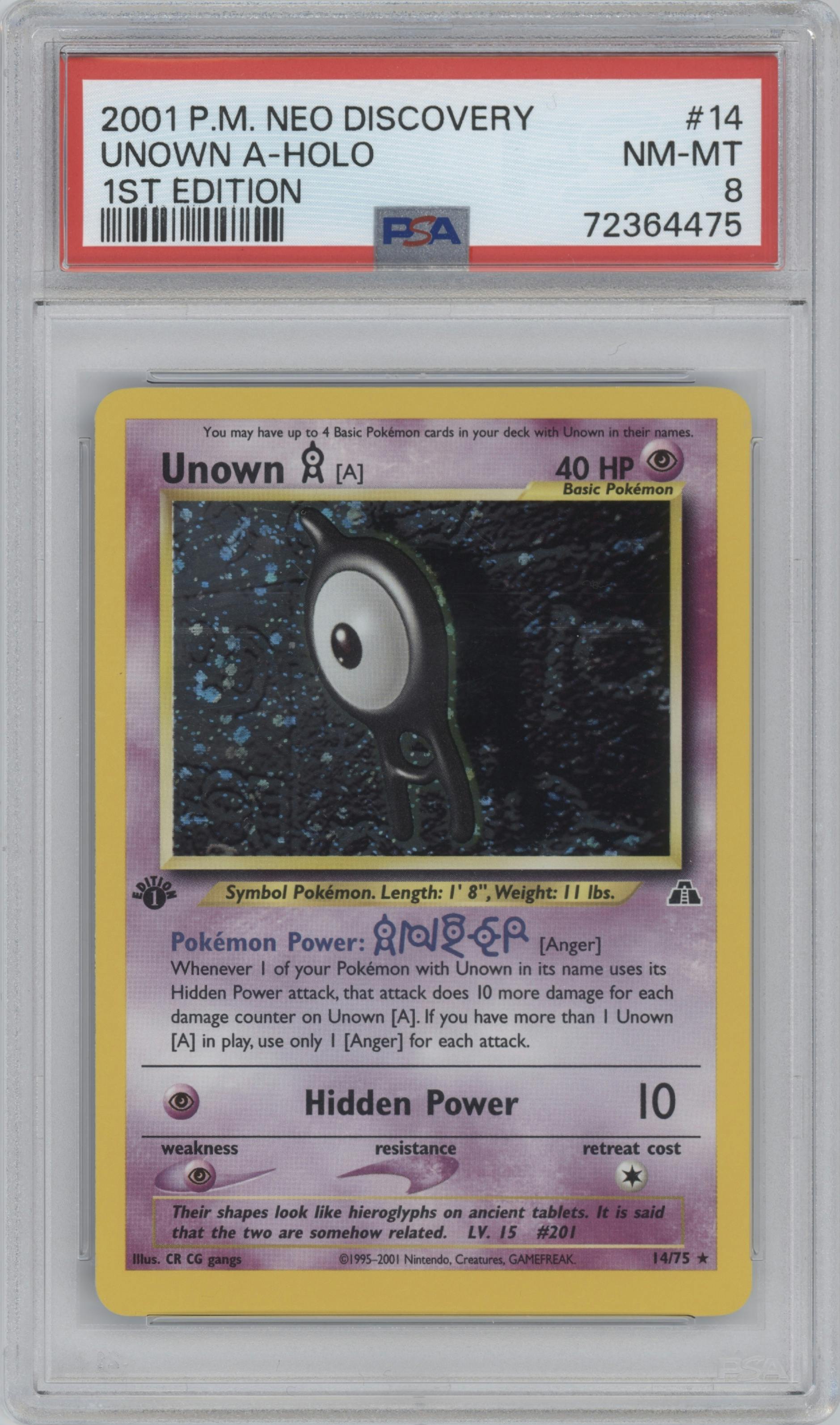 Unown A from the 2001 Pokemon Neo Genesis set graded by PSA and given an overall grade of 8.