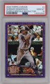 Gunnar Henderson from the 2023 Topps Chrome set featuring a Purple Speckle Refractor parallel graded by PSA and given an overall grade of 10.