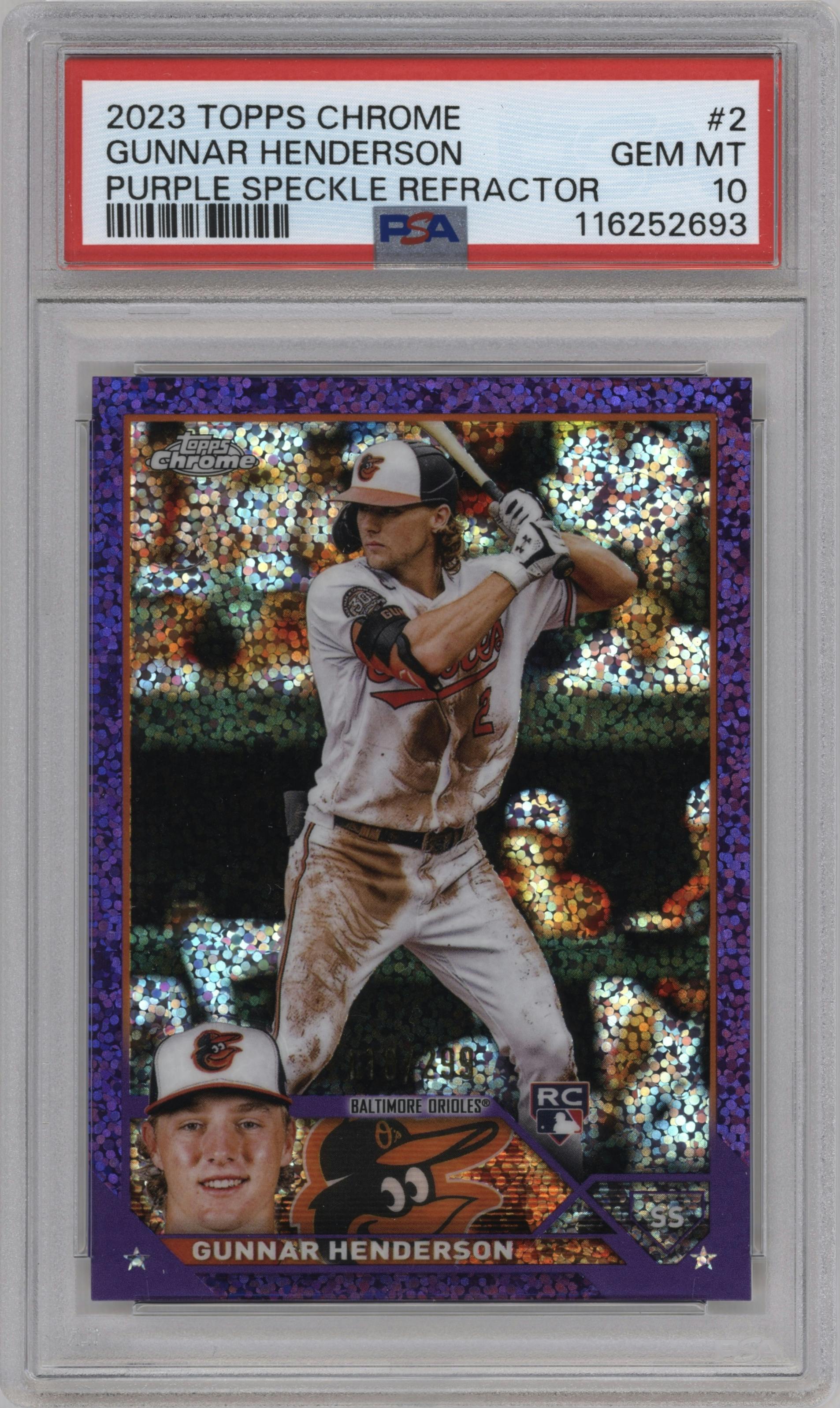 Gunnar Henderson from the 2023 Topps Chrome set featuring a Purple Speckle Refractor parallel graded by PSA and given an overall grade of 10.