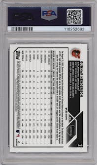 Gunnar Henderson from the 2023 Topps Chrome set featuring a Purple Speckle Refractor parallel graded by PSA and given an overall grade of 10.
