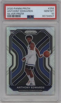 Anthony Edwards from the 2020-21 Panini Prizm set featuring a Silver Prizm parallel graded by PSA and given an overall grade of 10.