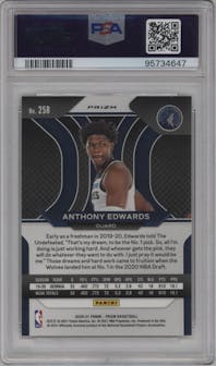 Anthony Edwards from the 2020-21 Panini Prizm set featuring a Silver Prizm parallel graded by PSA and given an overall grade of 10.