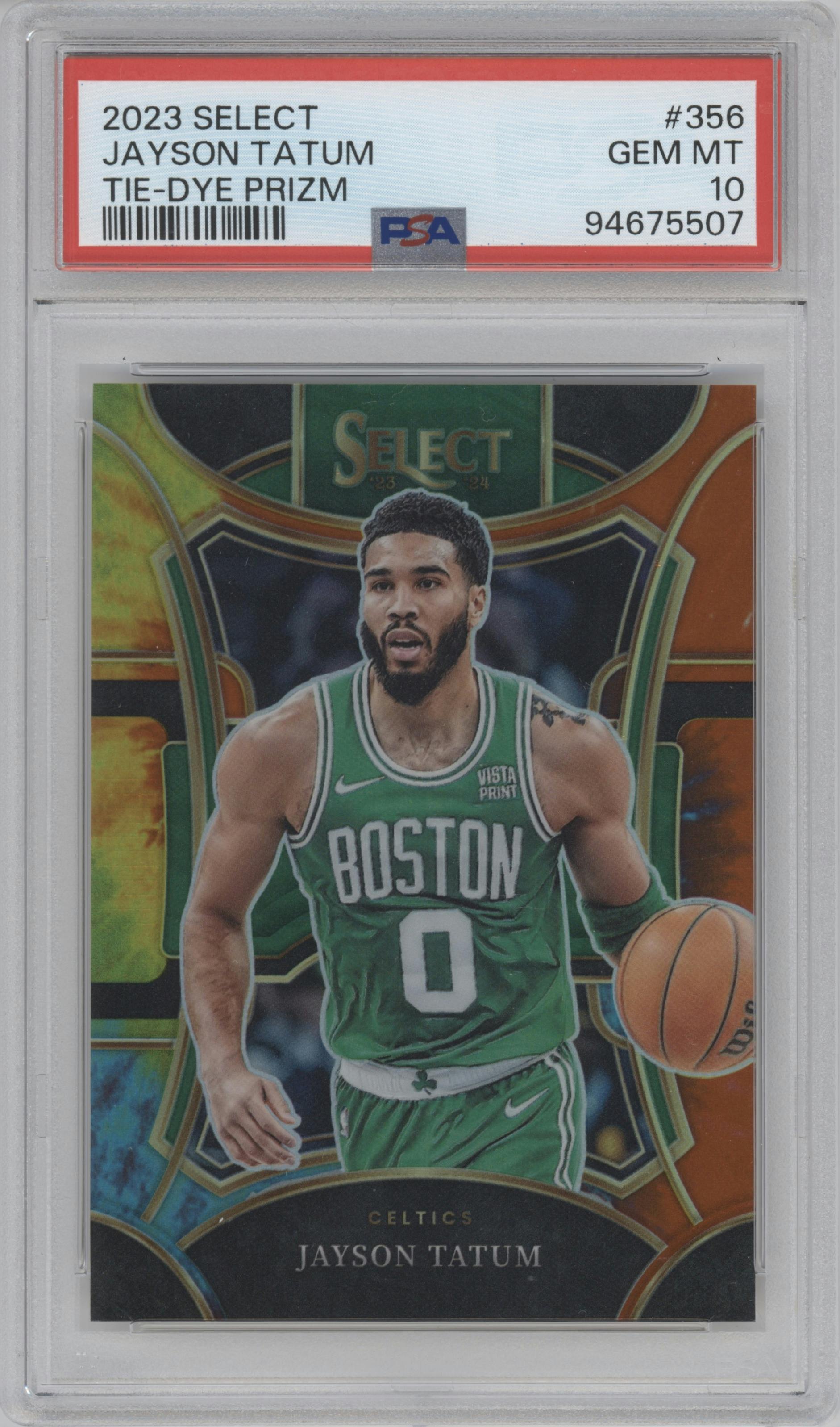 Jayson Tatum from the 2023-24 Panini Select  set featuring a Tie-Dye parallel graded by PSA and given an overall grade of 10.