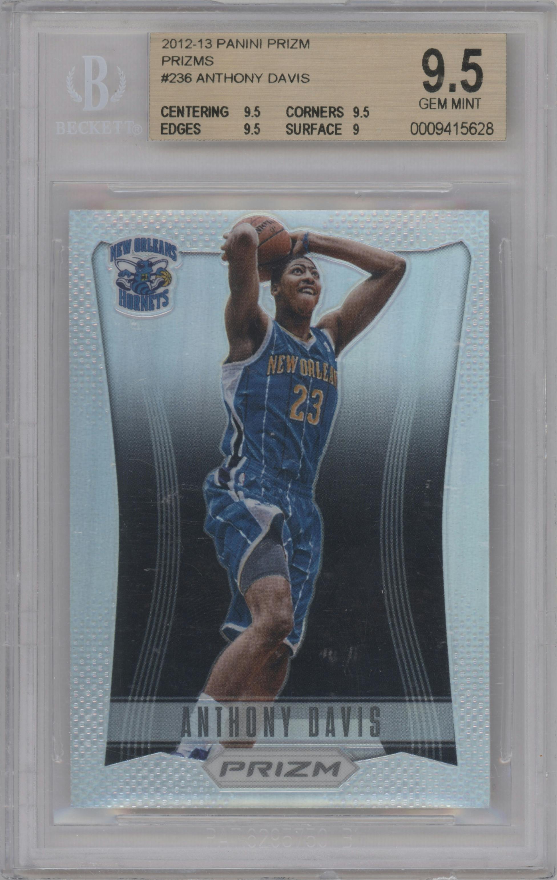 Anthony Davis from the 2012-13 Panini Prizm set featuring a Prizm parallel graded by Beckett and given an overall grade of 9.5.