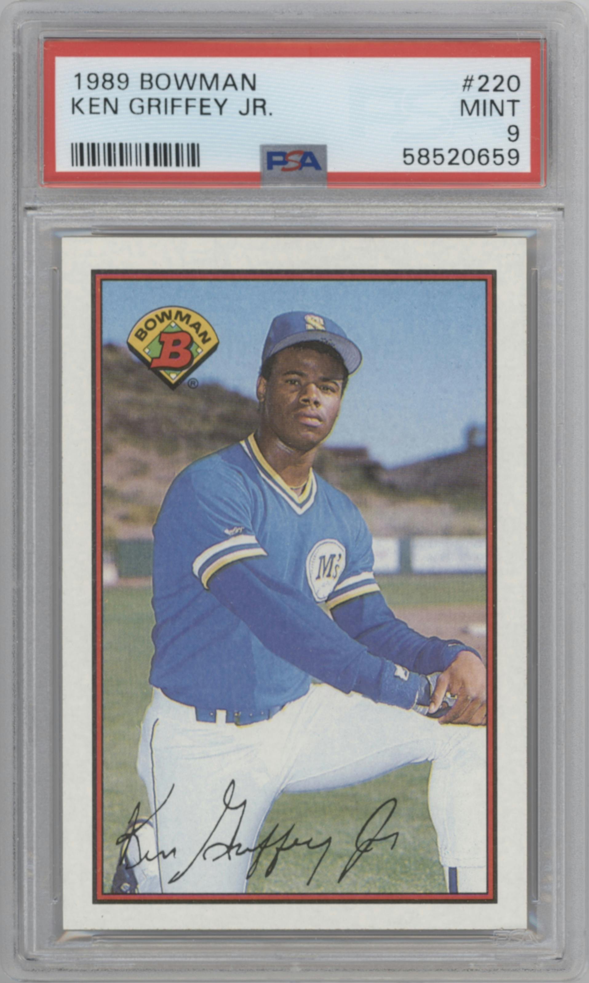Ken Griffey, Jr. from the 1989 Bowman set graded by PSA and given an overall grade of 9.